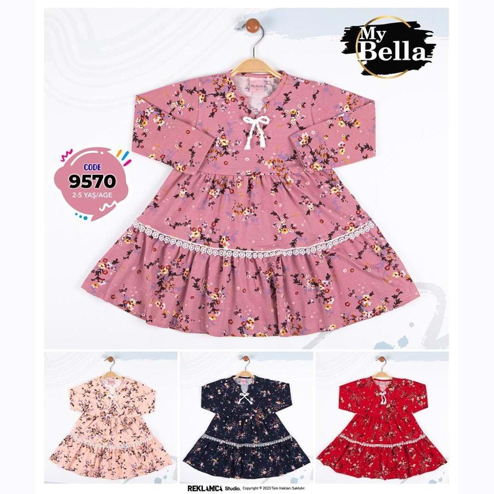 My Bella 9570 Kız Çocuk Penye Çiçekli Fistolu Elbise 2-5 Yaş
