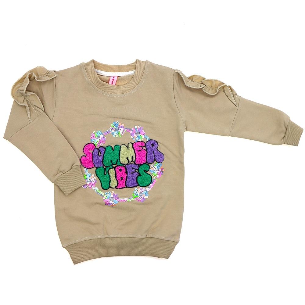 Pembe 1617 Kız Çocuk Kol Büzgülü Sumemr Vibes Nak Penye Sweat 1-4 Yaş