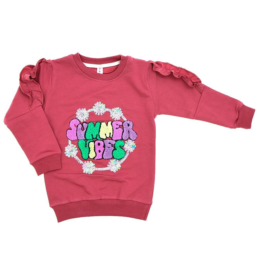 Pembe 1617 Kız Çocuk Kol Büzgülü Sumemr Vibes Nak Penye Sweat 1-4 Yaş