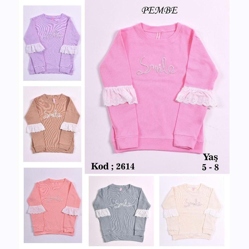 Pembe 2614 Kız Çocuk Kol Fırfırlı Smıle Nak Penye Sweat 5-8 Yaş