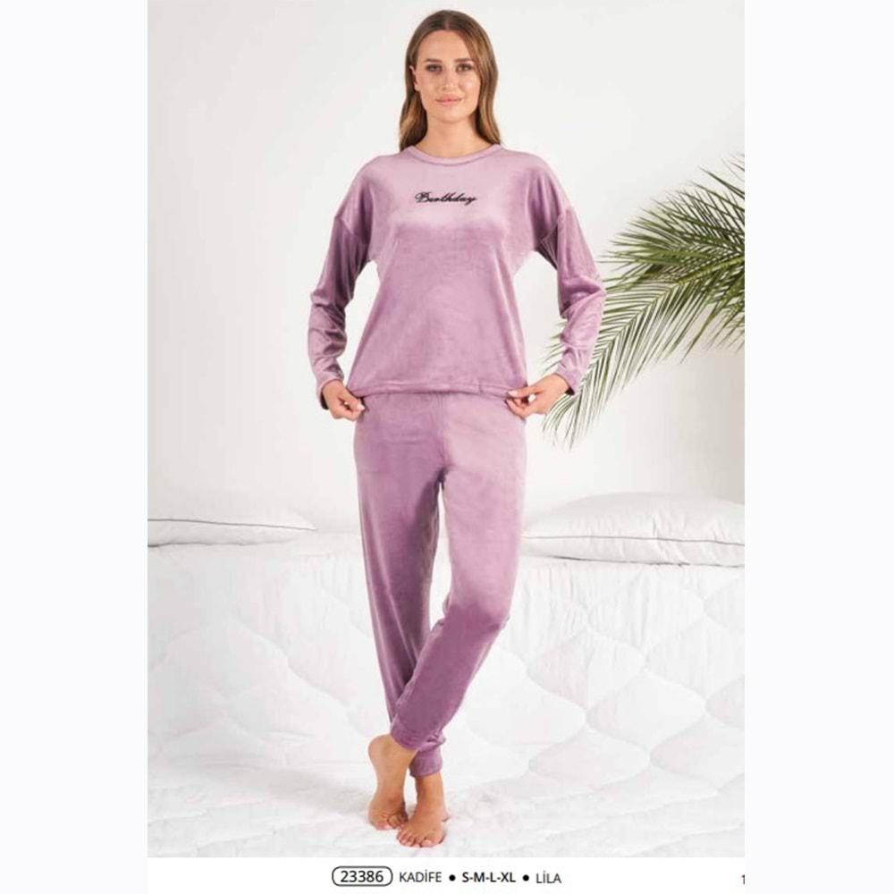 Estiva 23386 Bayan Kadife Sıfır Yaka Birthday Nak Pijama Takımı S-M-L-XL