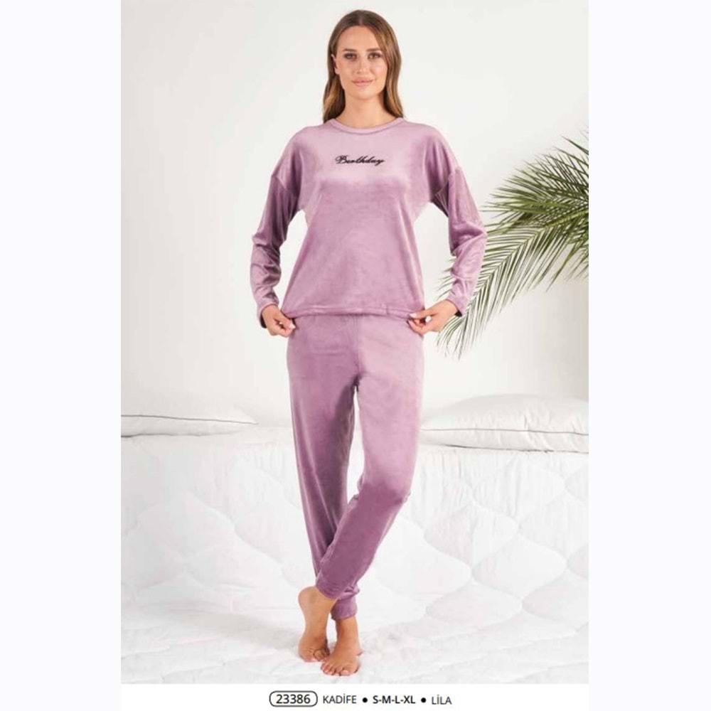 Estiva 23386 Bayan Kadife Sıfır Yaka Battal Pijama Takımı 3XL-4XL-5XL