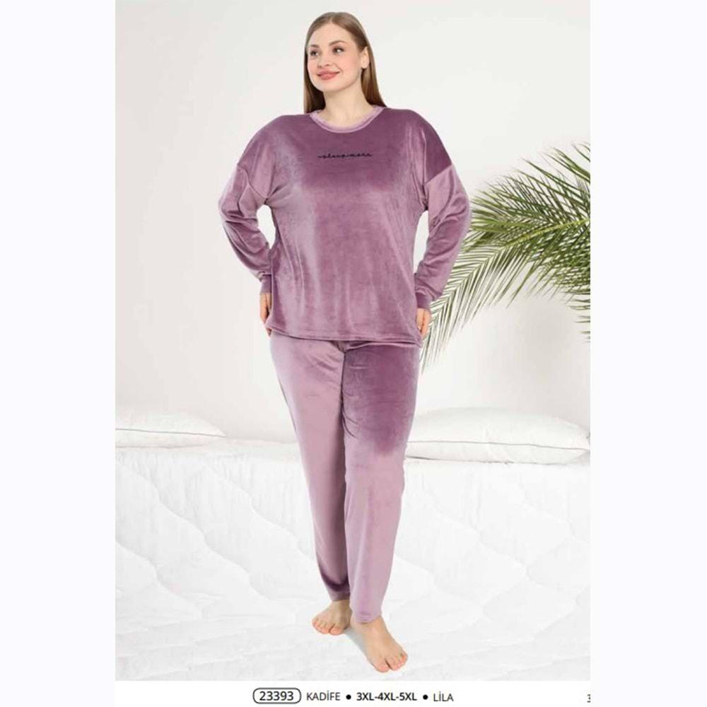 Estiva 23393 Bayan Kadife Sıfır Yaka Battal Nakışlı Pijama Takımı 3XL-4XL-5XL