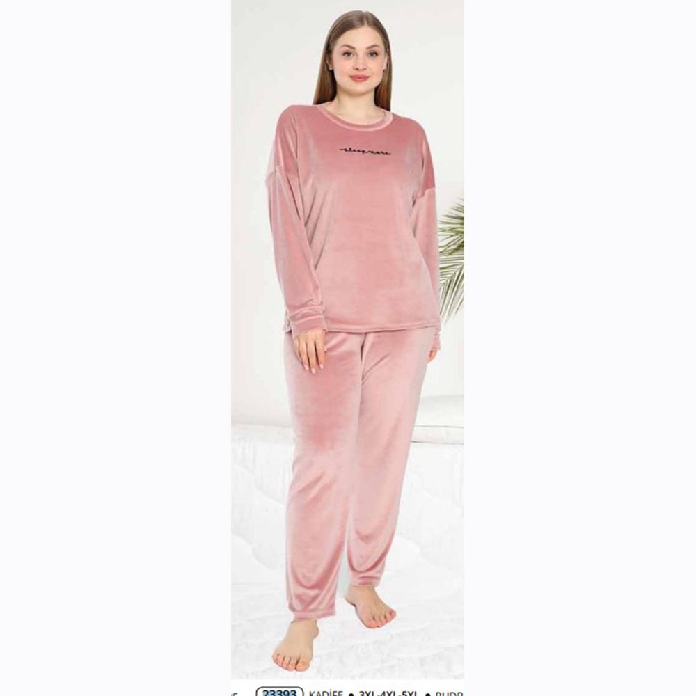 Estiva 23393 Bayan Kadife Sıfır Yaka Battal Nakışlı Pijama Takımı 3XL-4XL-5XL