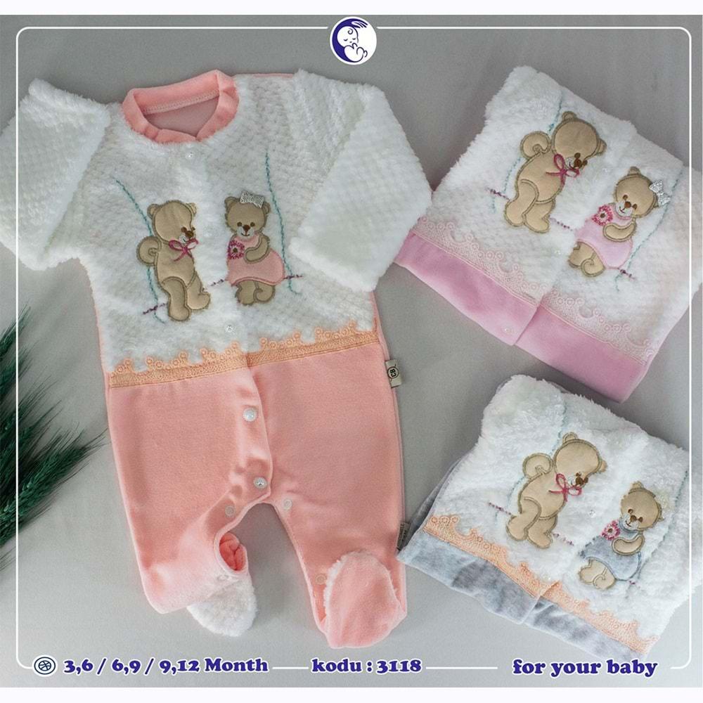 Cocomell 3118 Bebe Çift Ayıcık Nakışlı Andora Tulum 3-6-9 Ay