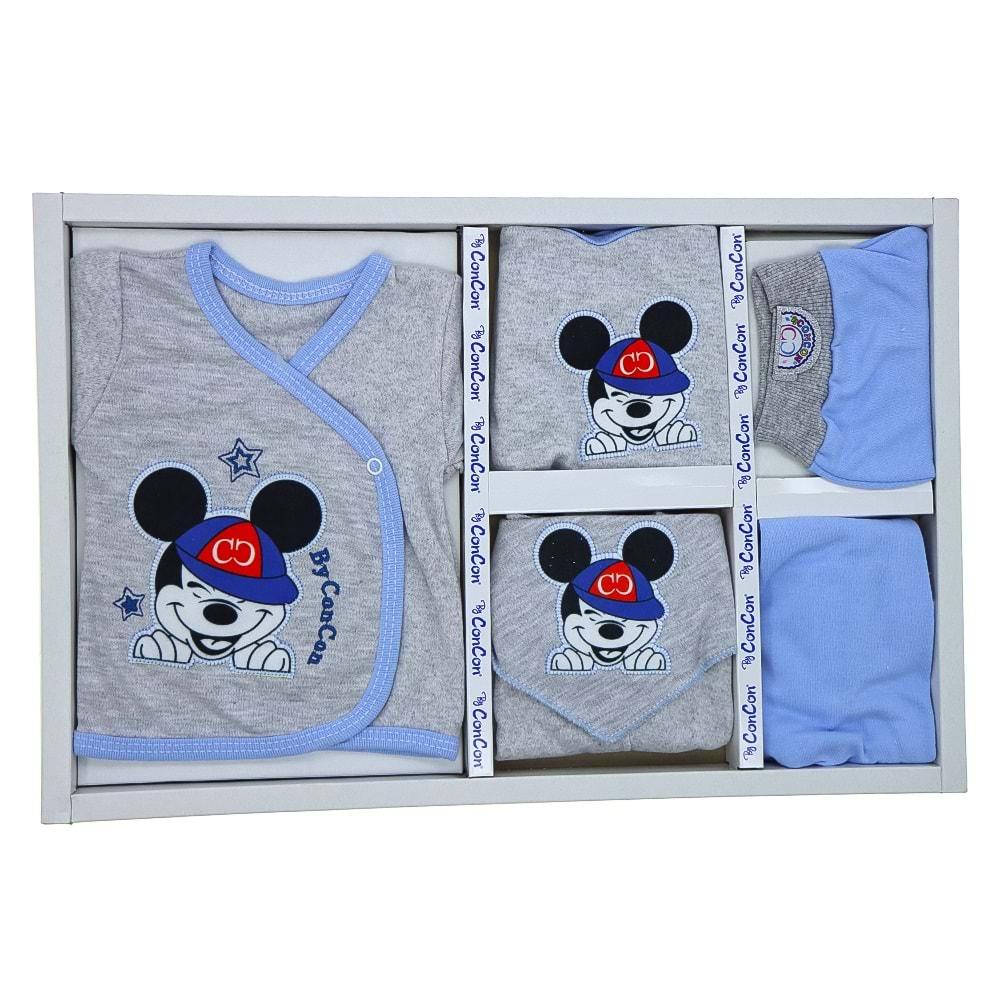 Concon 8020 Bebe Mickey Mouse Kalp Baskılı 8 Parça Lüx Zıbın Set 0-3 Ay