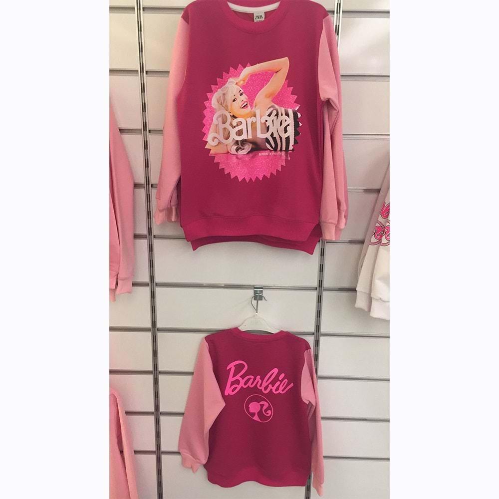 Barbie 9088 Kız Çocuk 2 İp Penye Gülen Kız Barbie Baskılı Kapşonlu Sweat 9-12 Yaş