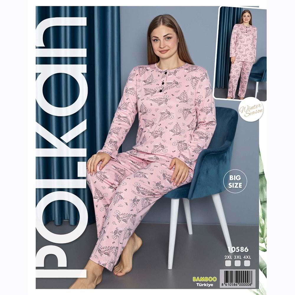 Polkan 10586 Bayan Bambu Empirme Desenli Uzun Kol Battal Pijama Takımı 2XL-4XL