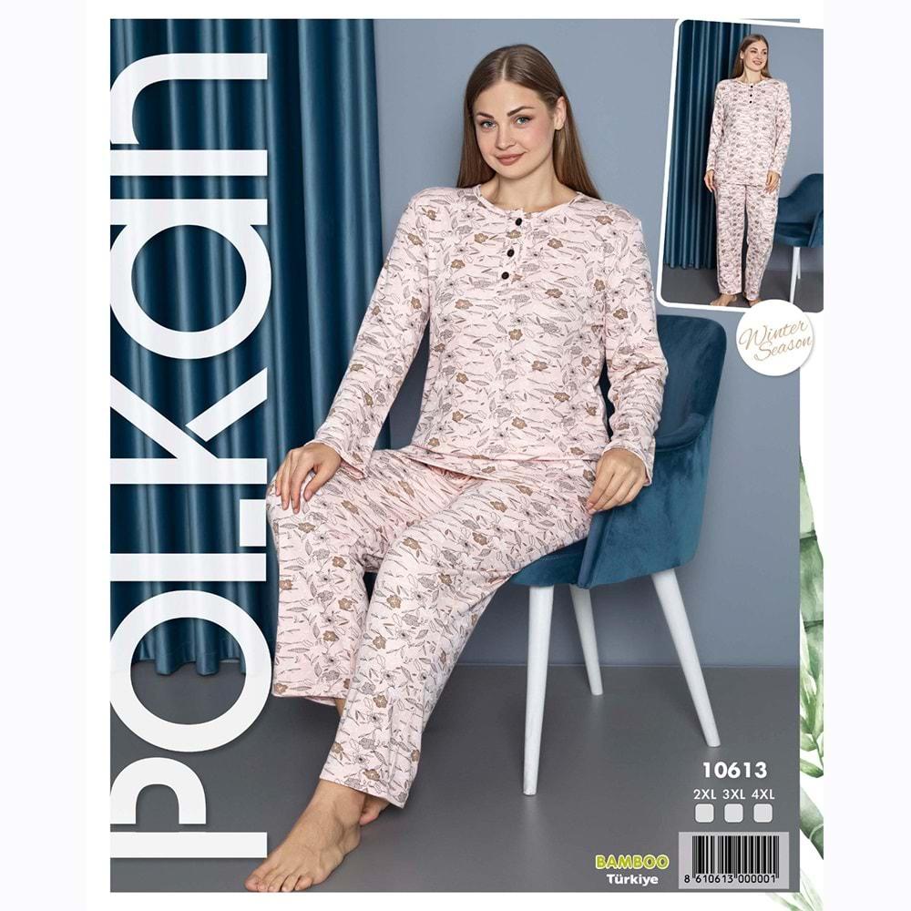 Polkan 10613 Bayan Bambu Empirme Desenli Uzun Kol Battal Pijama Takımı 2XL-4XL