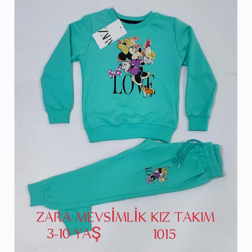 ZARA-1015 Kız Çocuk Penye Sıfır Yaka Mini Baskılı Takım 3-6 Yaş