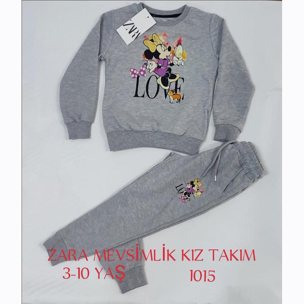 ZARA-1015 Kız Çocuk Penye Sıfır Yaka Mini Baskılı Takım 3-6 Yaş