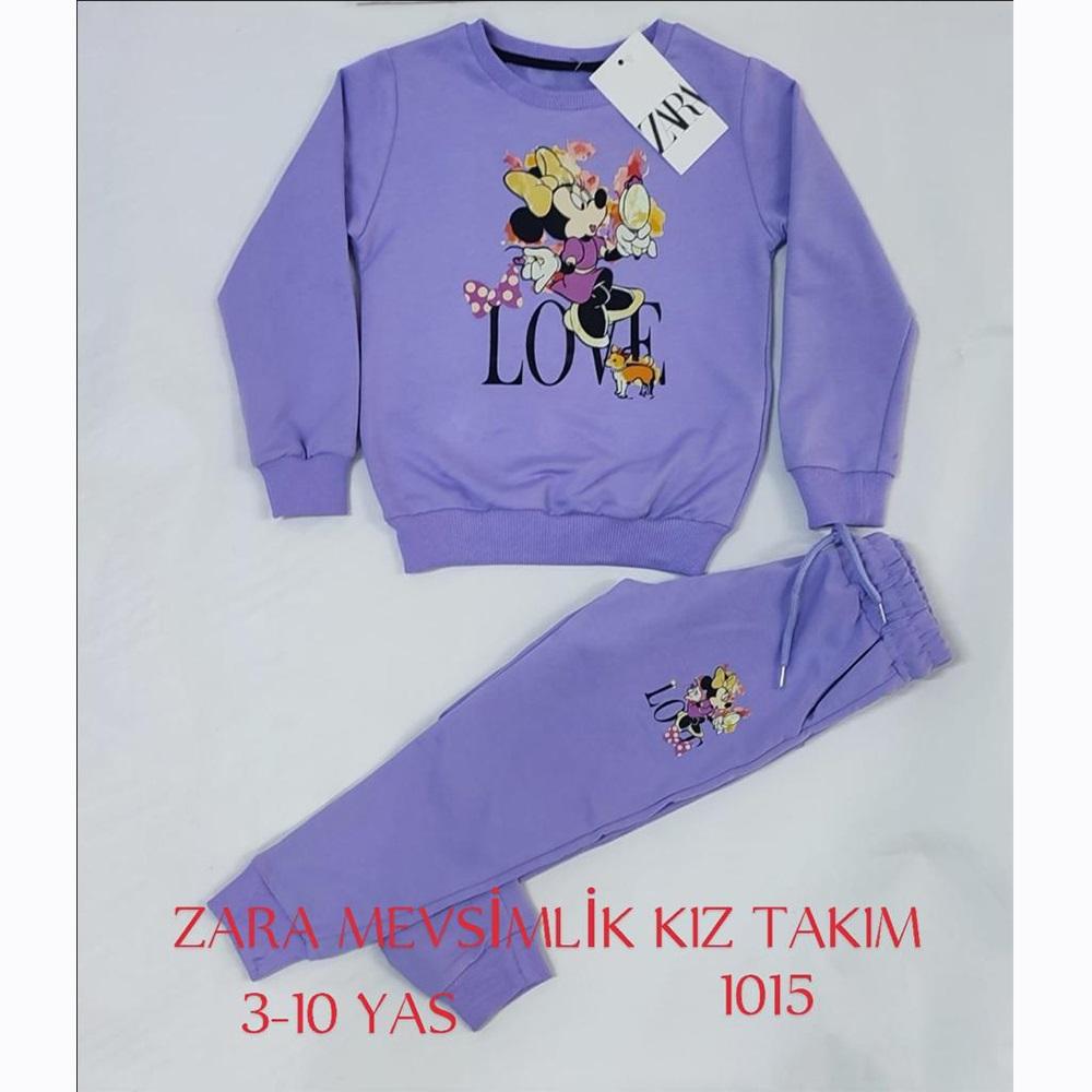 ZARA-1015 Kız Çocuk Penye Sıfır Yaka Mini Baskılı Takım 3-6 Yaş