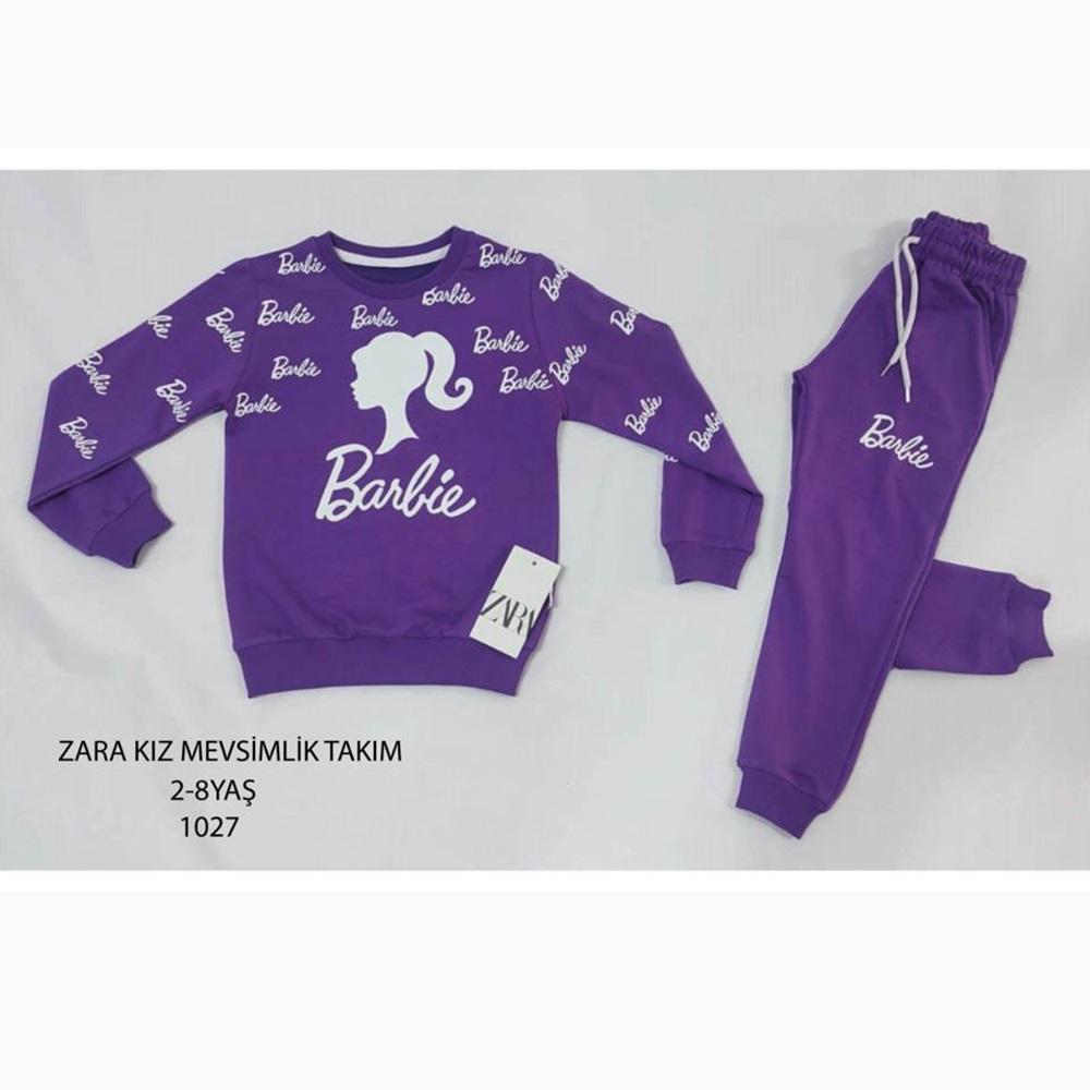 ZARA-1027 Kız Çocuk Penye Sıfır Yaka Barbie Baskılı Takım 2-8 Yaş