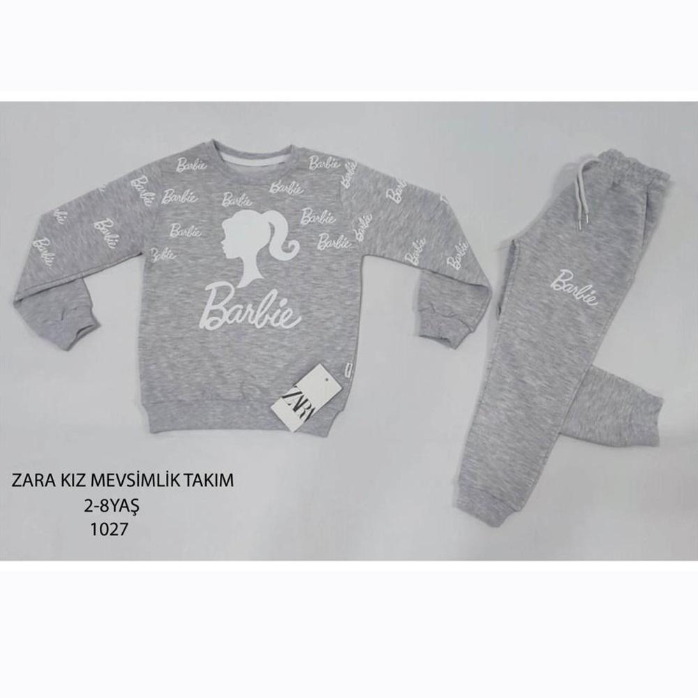 ZARA-1027 Kız Çocuk Penye Sıfır Yaka Barbie Baskılı Takım 2-8 Yaş