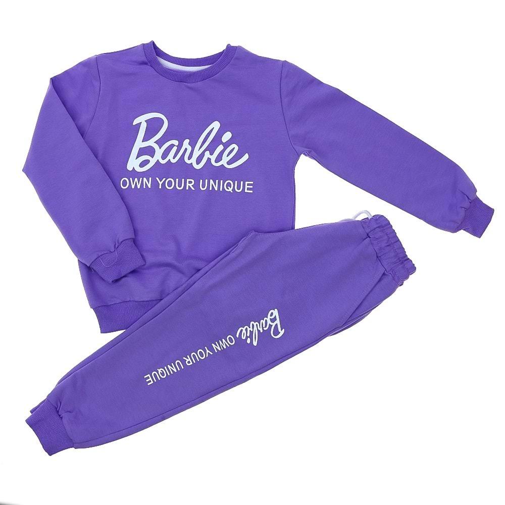 ZARA-1031 Kız Çocuk Penye Sıfır Yaka Barbie Baskılı Takım 2-8 Yaş