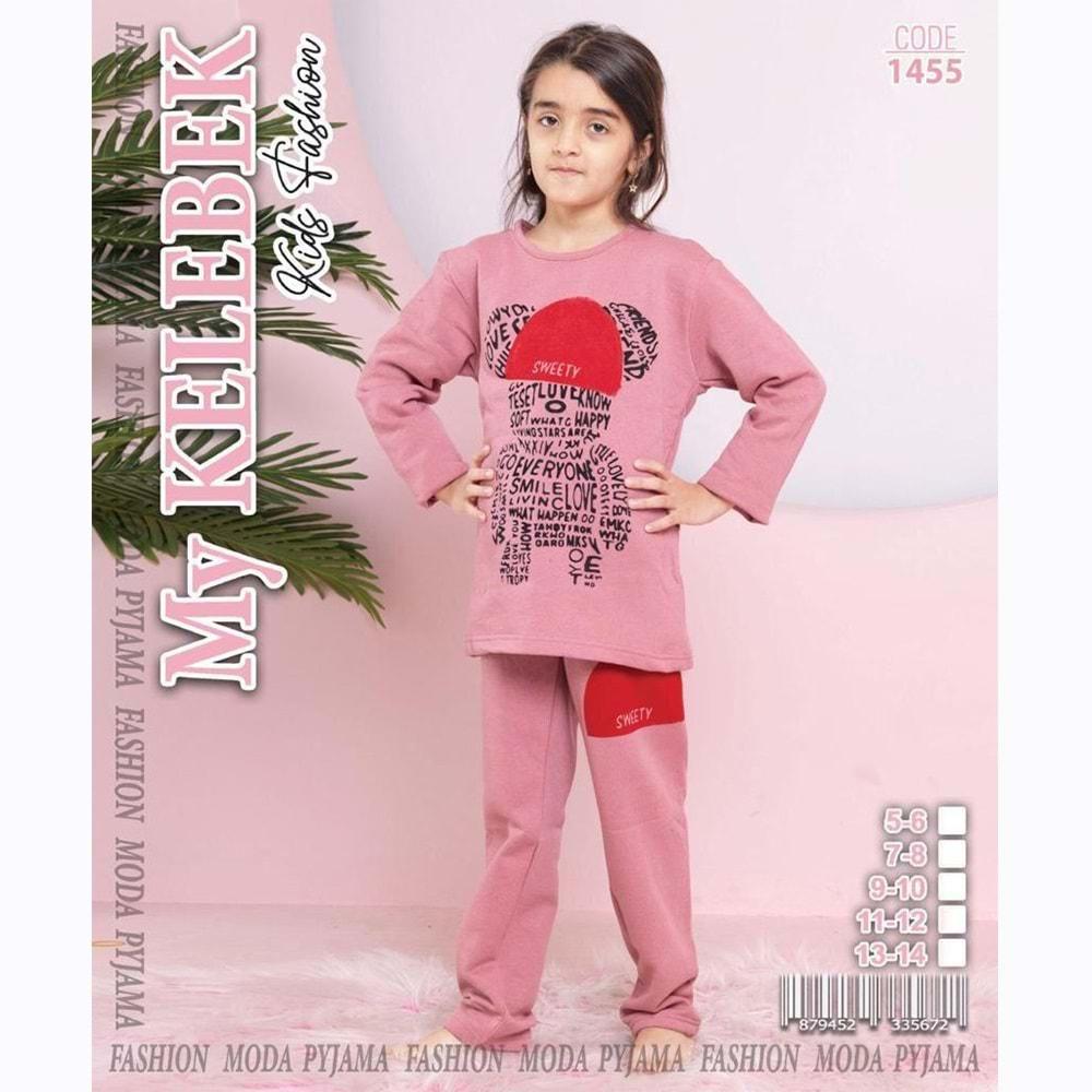 MY Kelebek 1455 Kız Çocuk 2 İplik Şardonlu Uzun Kol Pijama Takımı 5-6 13-14 Yaş