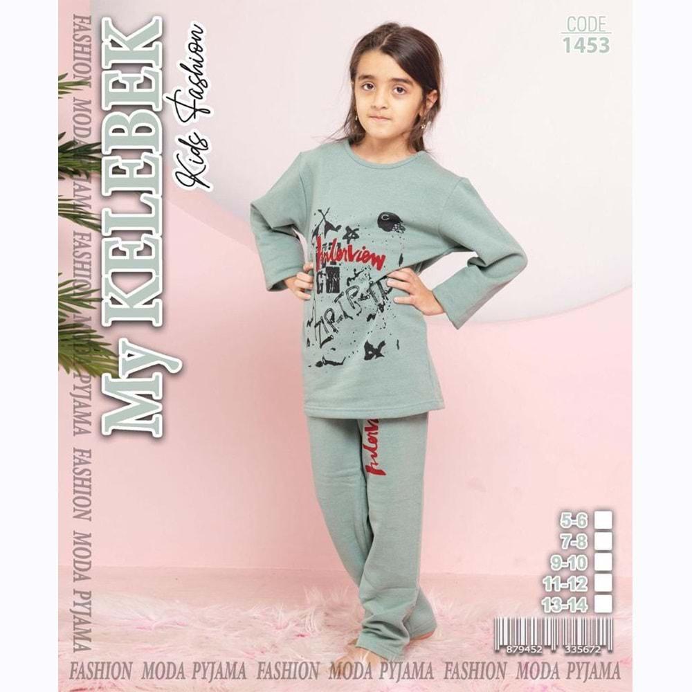 MY Kelebek 1453 Kız Çocuk 2 İplik Şardonlu Uzun Kol Pijama Takımı 5-6 13-14 Yaş