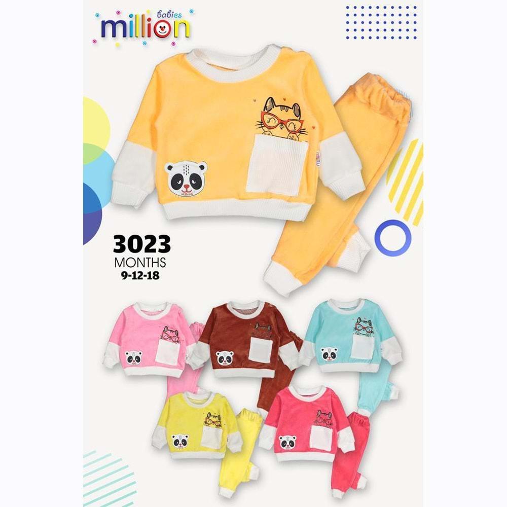 Million 3023 Kız Bebe Kedi Baskılı Panda Armalı Kadife Takım 3-9 Ay