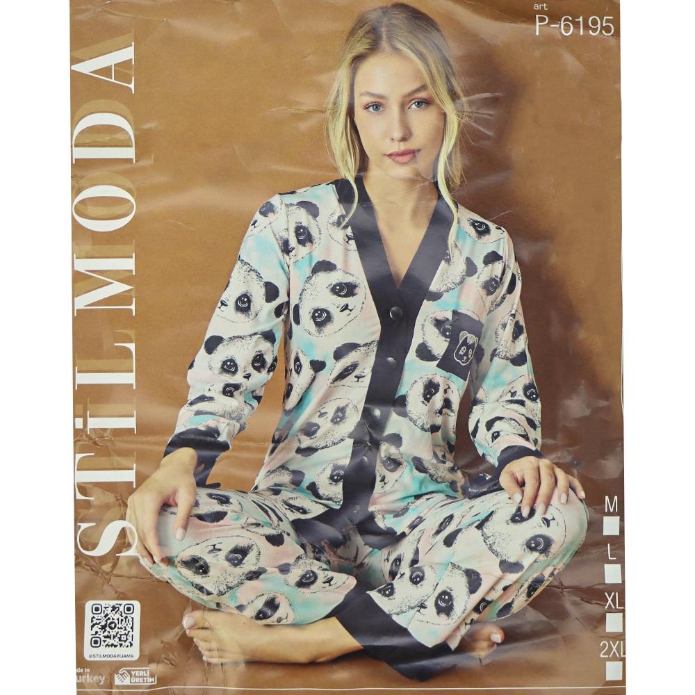 Stil Moda P-6195 Bayan Panda Desenli Süet Pijama Takımı M-2XL