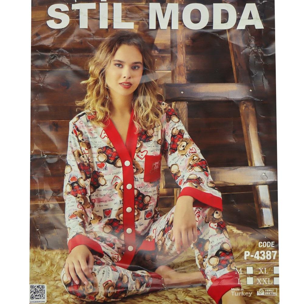 Stil Moda P-4387 Bayan Ayıcık Desenli Süet Pijama Takımı M-2XL