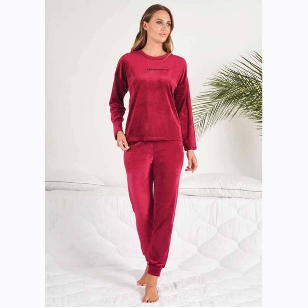 Estiva 23385 Bayan Kadife Sıfır Yaka Nakışlı Pijama Takımı S-M-L-XL