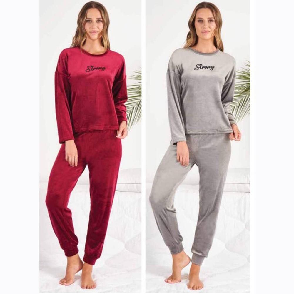 Estiva 23388 Bayan Kadife Sıfır Yaka Nakışlı Pijama Takımı S-M-L-XL