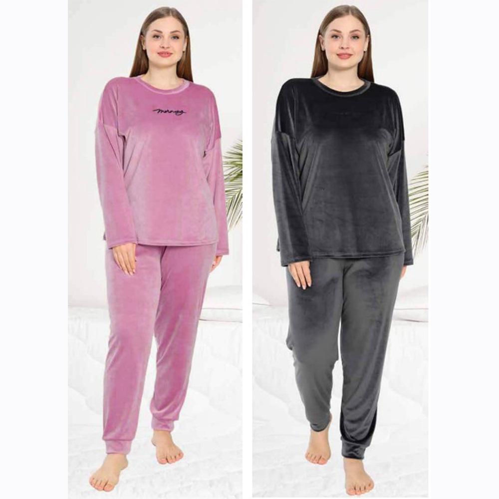 Estiva 23395 Bayan Kadife Sıfır Yaka Battal Nakışlı Pijama Takımı 3XL-4XL-5XL