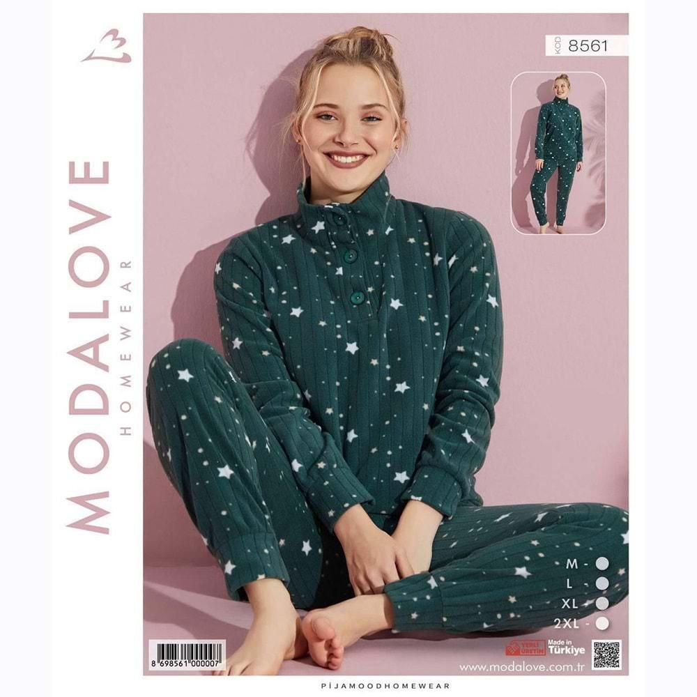 Modalove 8561 Bayan Desenli Raporlu Polar Dik Yaka Yarım Ferm Pijama Takımı M-2XL