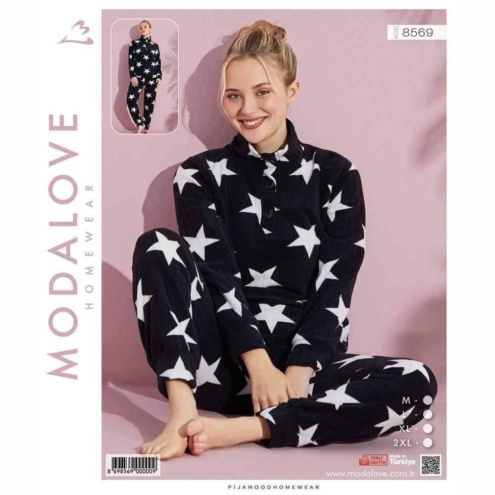 Modalove 8569 Bayan Desenli Raporlu Polar Dik Yaka Yarım Ferm Pijama Takımı M-2XL