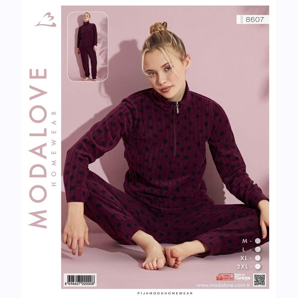 Modalove 8607 Bayan Desenli Raporlu Polar Dik Yaka Yarım Ferm Pijama Takımı M-2XL