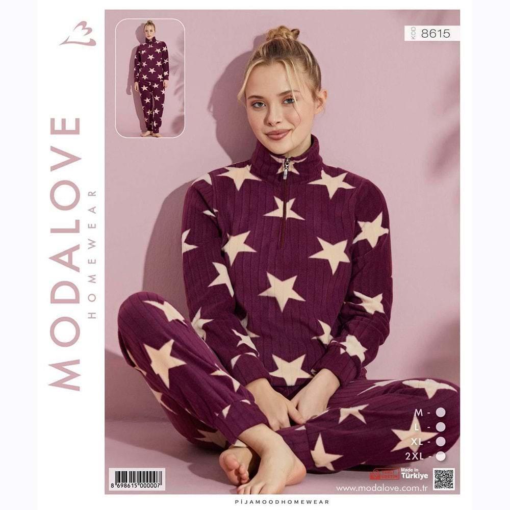 Modalove 8615 Bayan Desenli Raporlu Polar Dik Yaka Yarım Ferm Pijama Takımı M-2XL