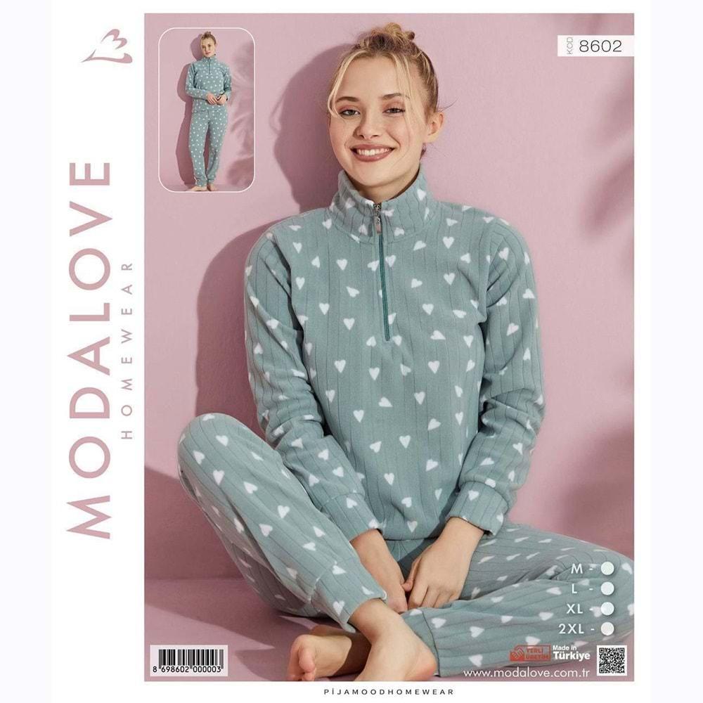 Modalove 8602 Bayan Desenli Raporlu Polar Dik Yaka Yarım Ferm Pijama Takımı M-2XL