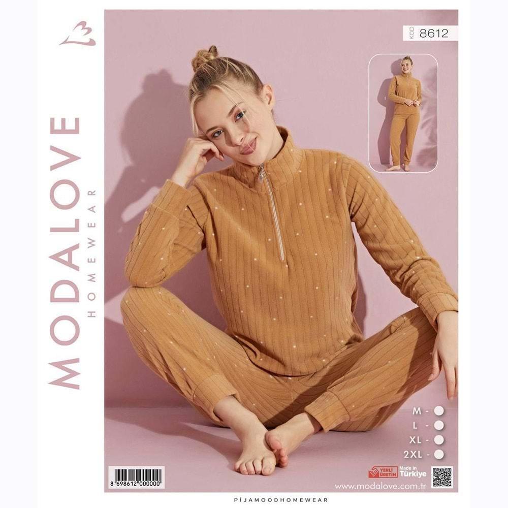 Modalove 8612 Bayan Desenli Raporlu Polar Dik Yaka Yarım Ferm Pijama Takımı M-2XL