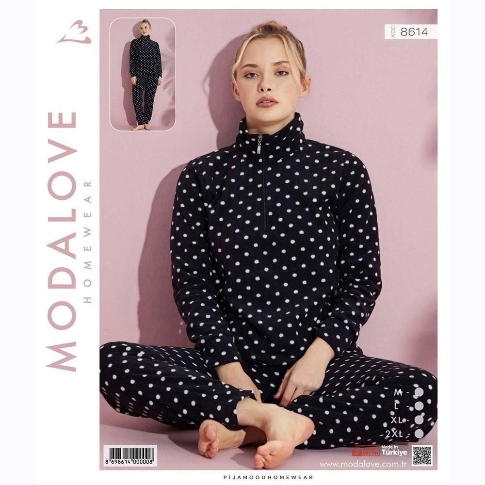 Modalove 8614 Bayan Desenli Raporlu Polar Dik Yaka Yarım Ferm Pijama Takımı M-2XL