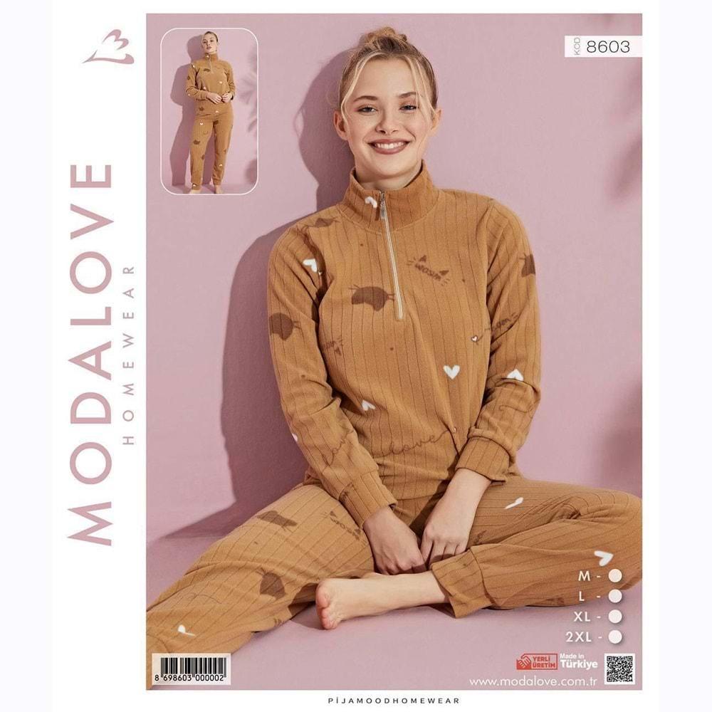 Modalove 8603 Bayan Desenli Raporlu Polar Dik Yaka Yarım Ferm Pijama Takımı M-2XL