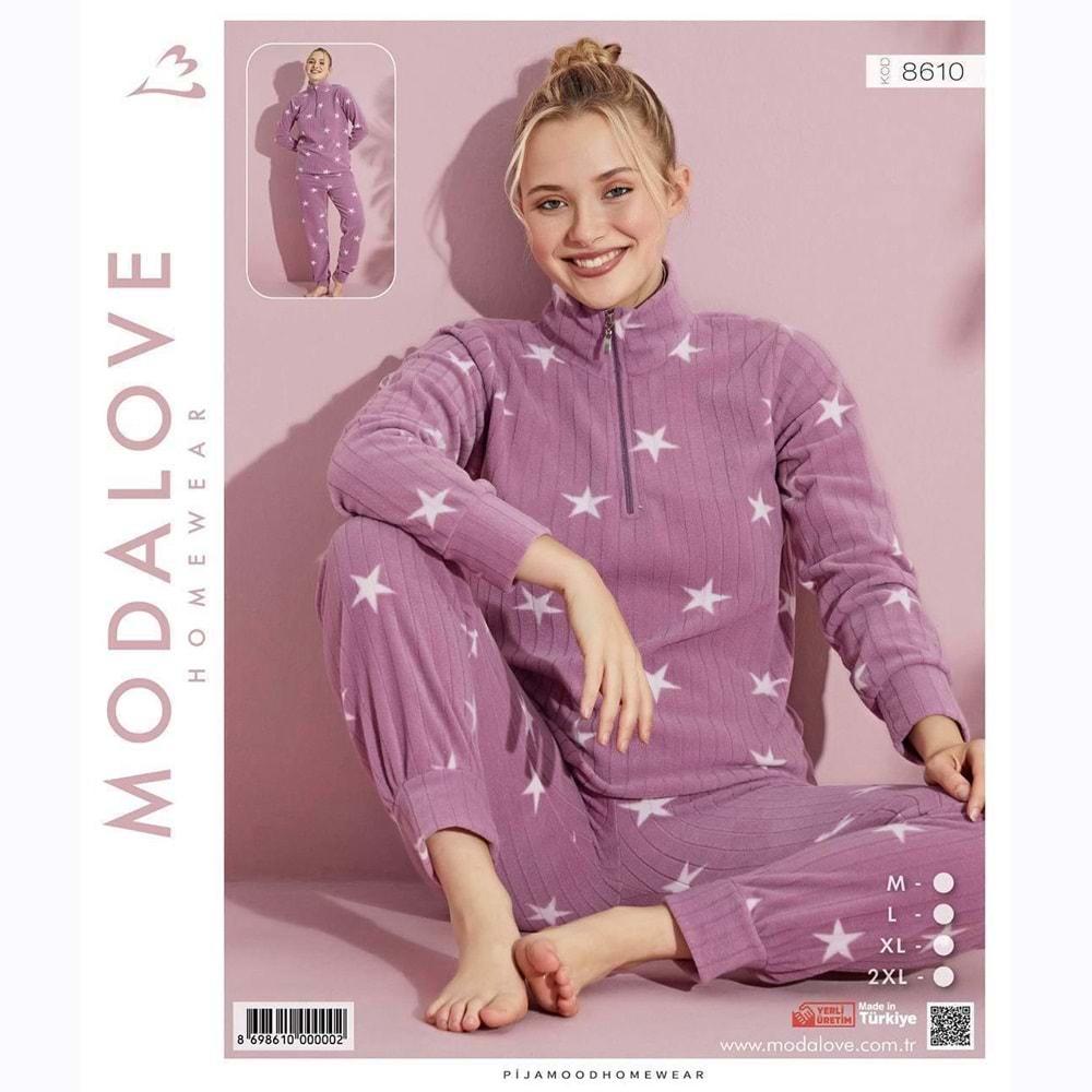 Modalove 8610 Bayan Desenli Raporlu Polar Dik Yaka Yarım Ferm Pijama Takımı M-2XL