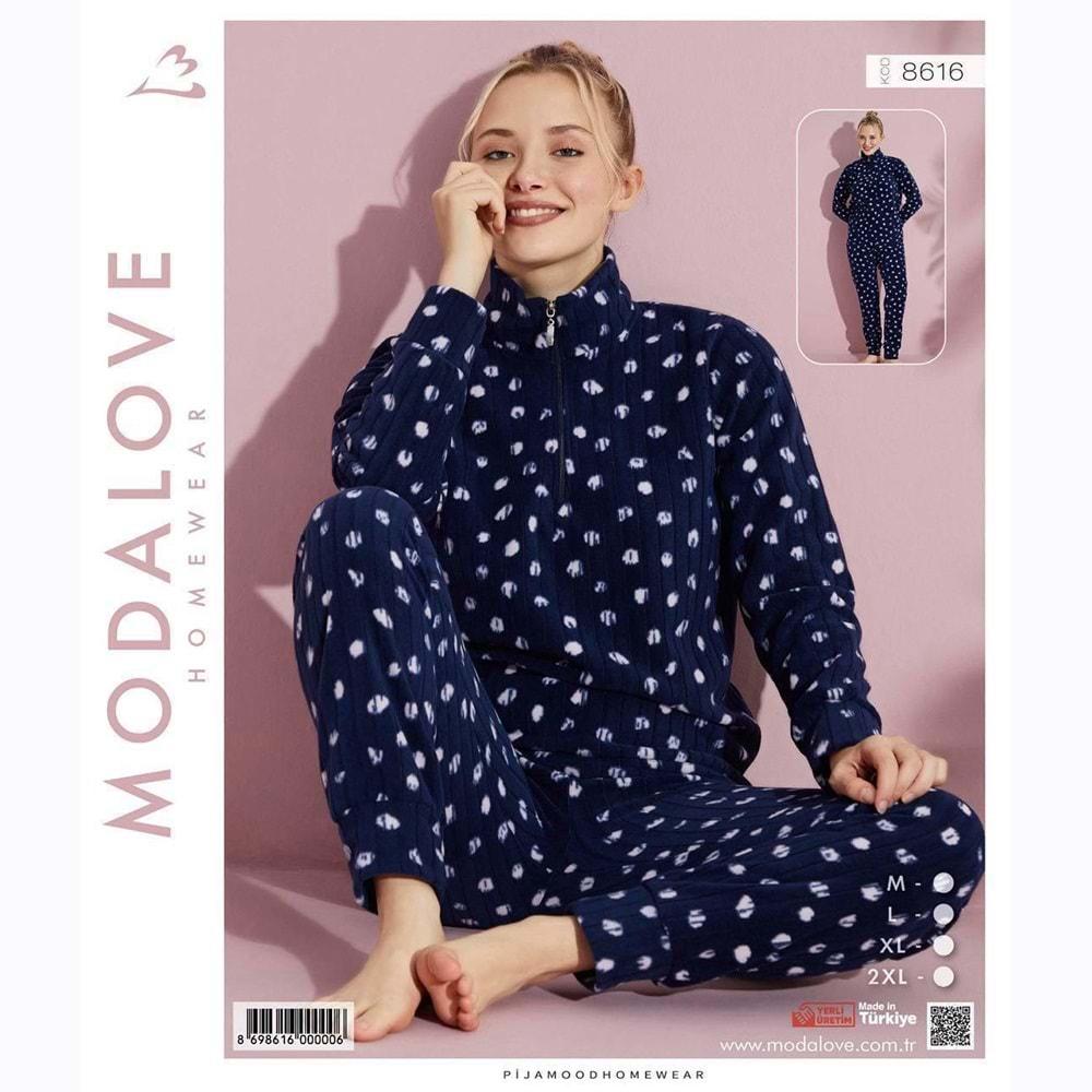 Modalove 8616 Bayan Desenli Raporlu Polar Dik Yaka Yarım Ferm Pijama Takımı M-2XL