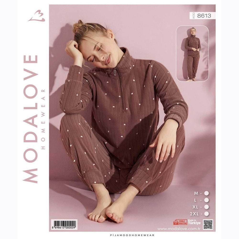 Modalove 8613 Bayan Desenli Raporlu Polar Dik Yaka Yarım Ferm Pijama Takımı M-2XL