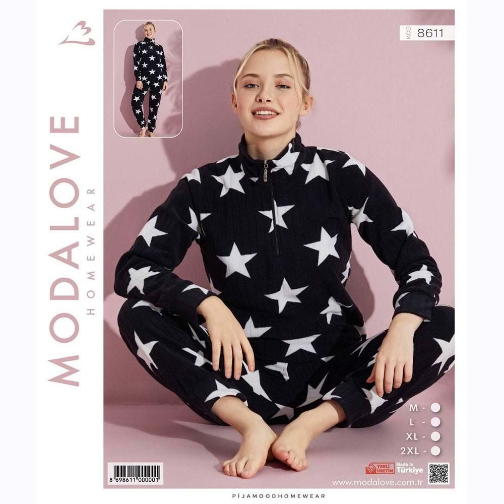 Modalove 8611 Bayan Desenli Raporlu Polar Dik Yaka Yarım Ferm Pijama Takımı M-2XL