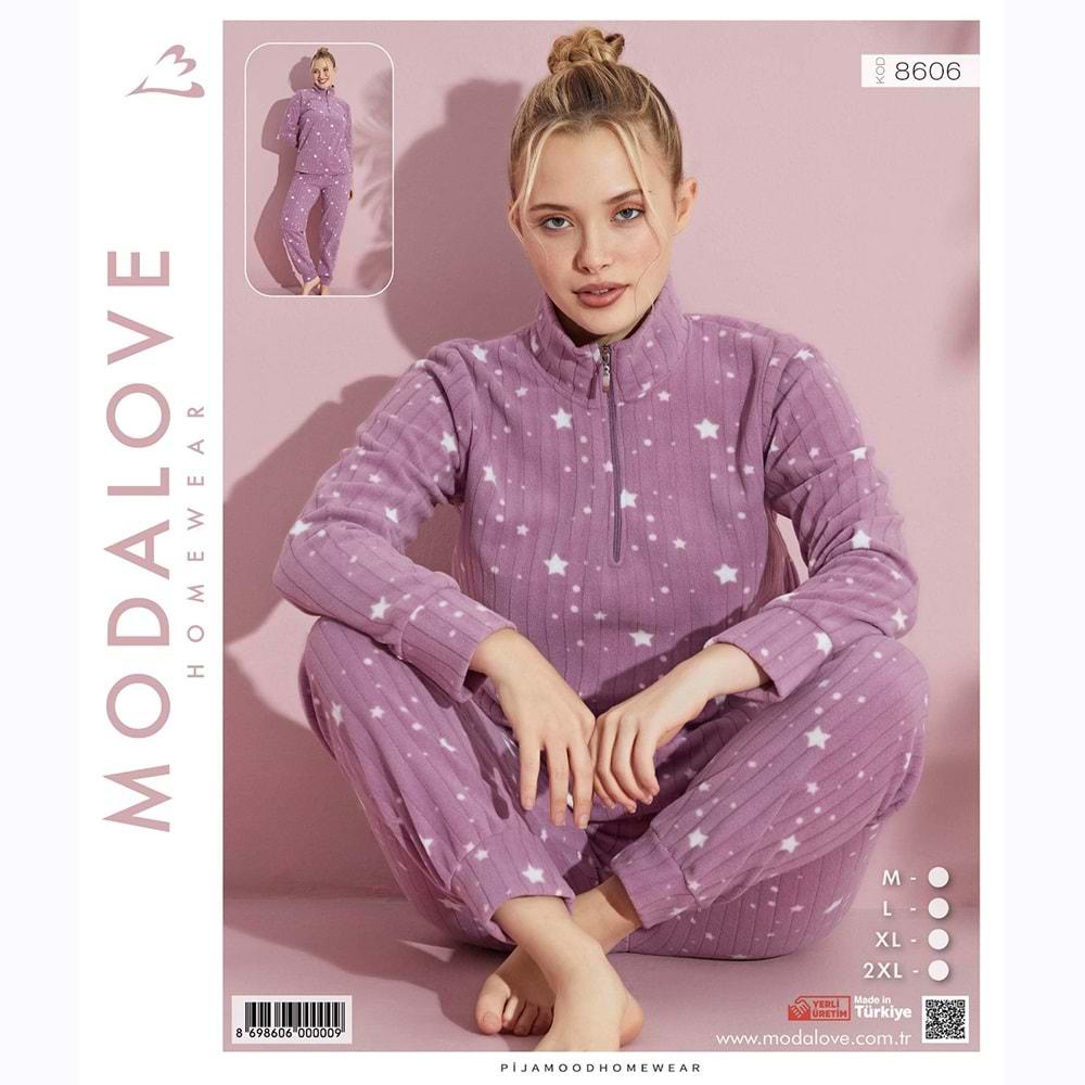 Modalove 8606 Bayan Desenli Raporlu Polar Dik Yaka Yarım Ferm Pijama Takımı M-2XL