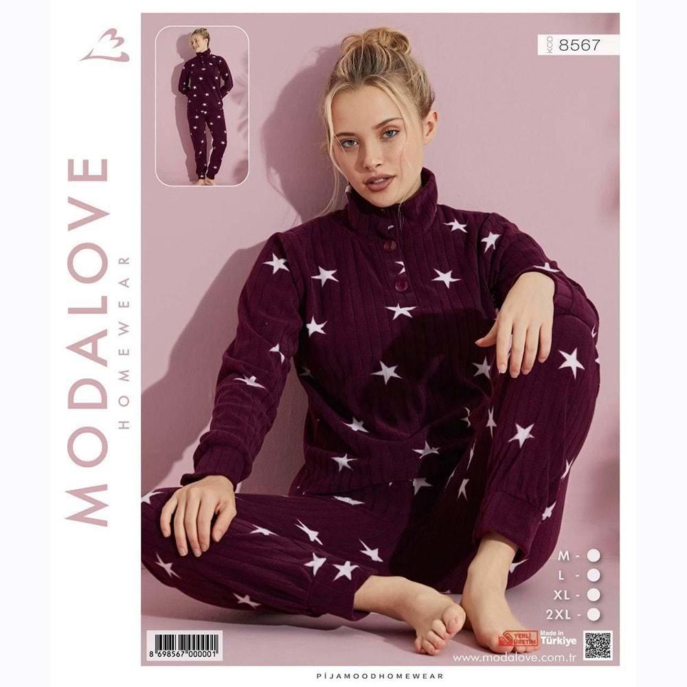 Modalove 8567 Bayan Desenli Raporlu Polar Dik Yaka 3 Düğmeli Pijama Takımı M-2XL