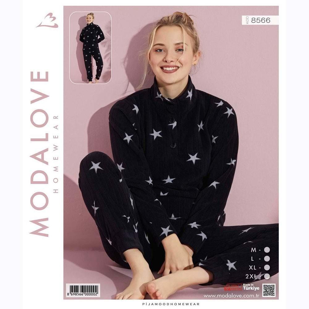 Modalove 8566 Bayan Desenli Raporlu Polar Dik Yaka 3 Düğmeli Pijama Takımı M-2XL