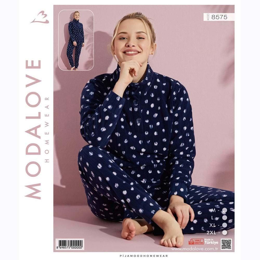Modalove 8575 Bayan Desenli Raporlu Polar Dik Yaka 3 Düğmeli Pijama Takımı M-2XL