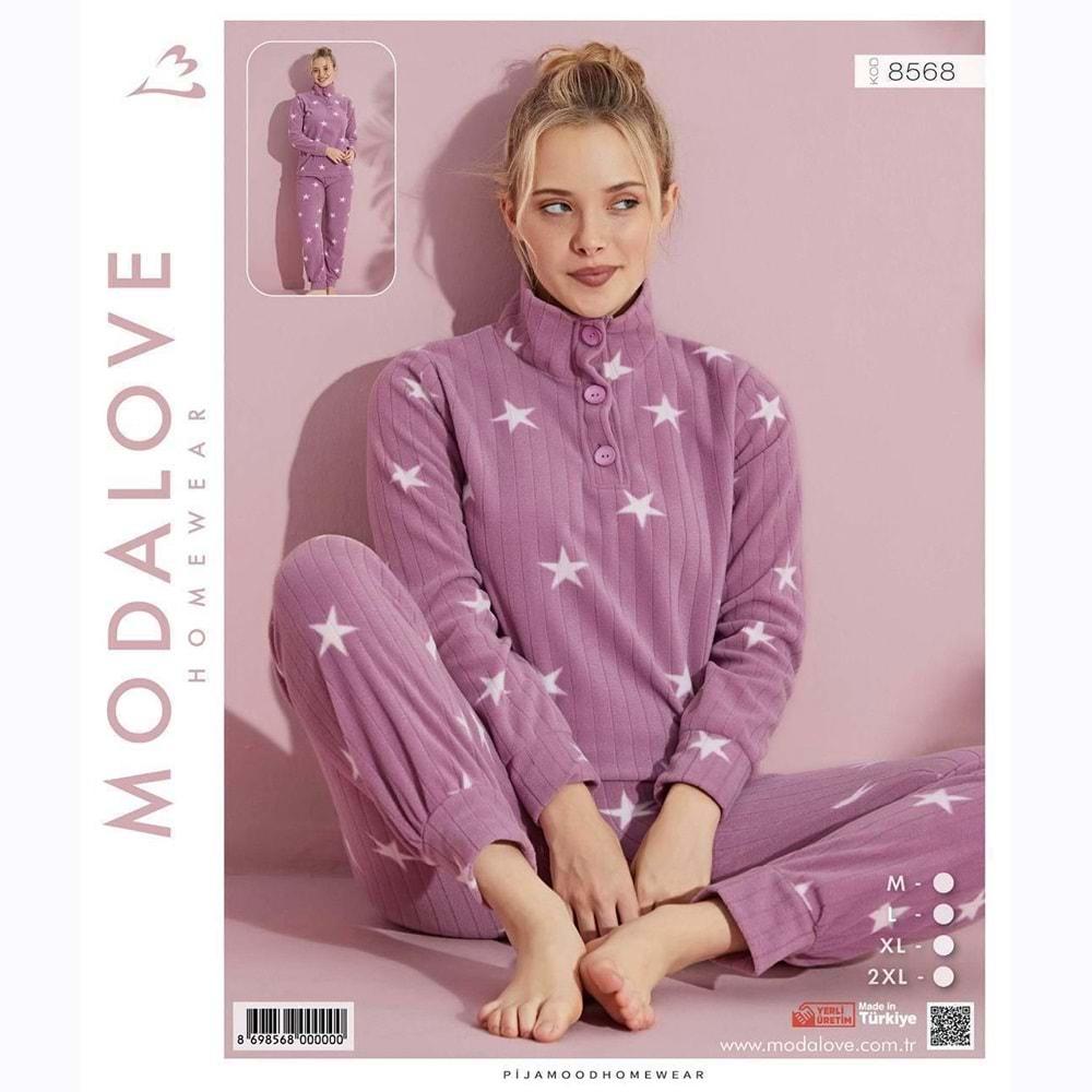 Modalove 8568 Bayan Desenli Raporlu Polar Dik Yaka 3 Düğmeli Pijama Takımı M-2XL