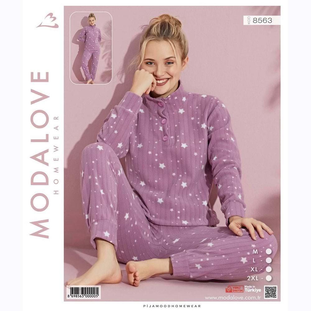 Modalove 8563 Bayan Desenli Raporlu Polar Dik Yaka 3 Düğmeli Pijama Takımı M-2XL