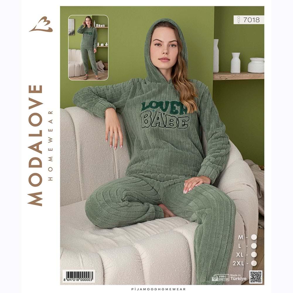 Modalove 7018 Bayan Nakışlı Raporlu Polar Kapşonlu Pijama Takımı M-2XL