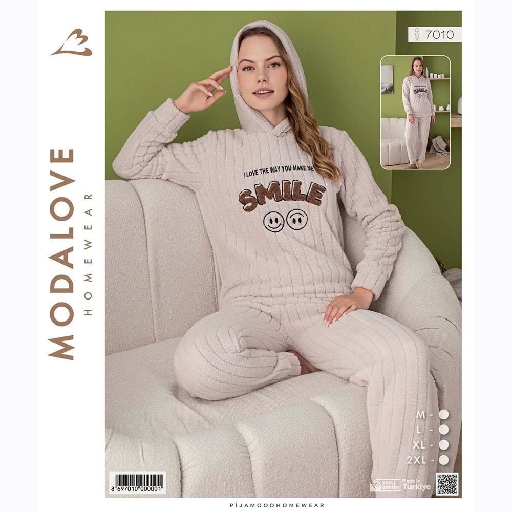 Modalove 7010 Bayan Nakışlı Raporlu Polar Kapşonlu Pijama Takımı M-2XL