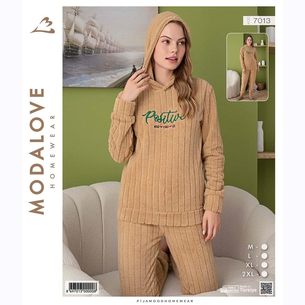 Modalove 7013 Bayan Nakışlı Raporlu Polar Kapşonlu Pijama Takımı M-2XL