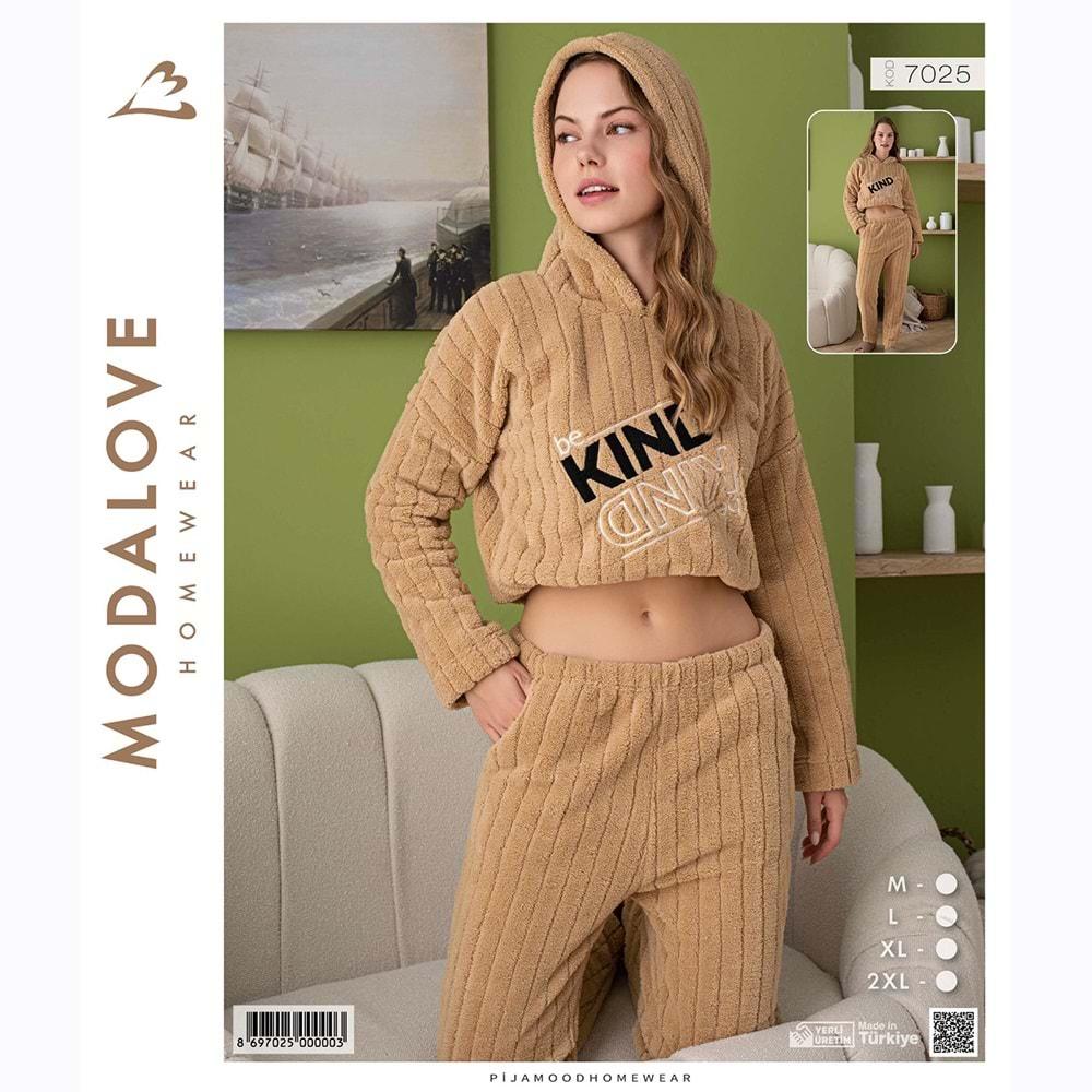 Modalove 7025 Bayan Nak Raporlu Polar Kapşonlu Göbeği Açık Pijama Takımı M-2XL