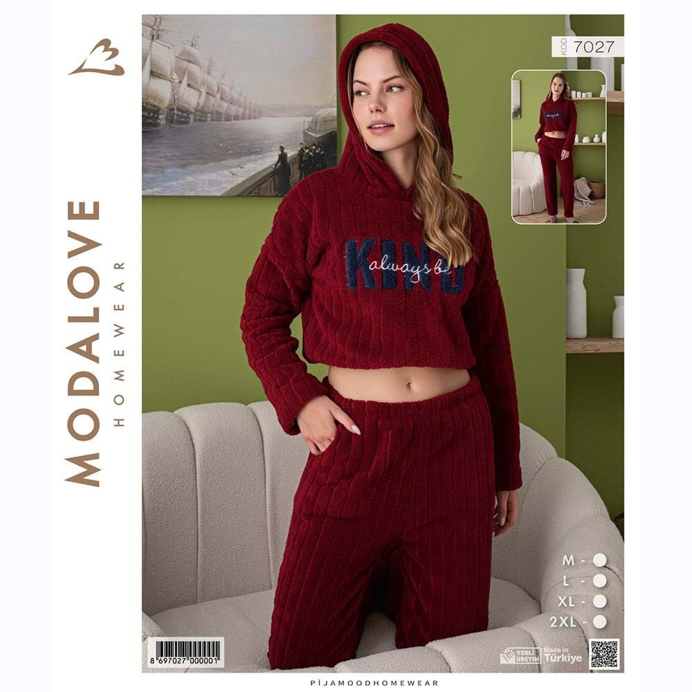 Modalove 7027 Bayan Nak Raporlu Polar Kapşonlu Göbeği Açık Pijama Takımı M-2XL